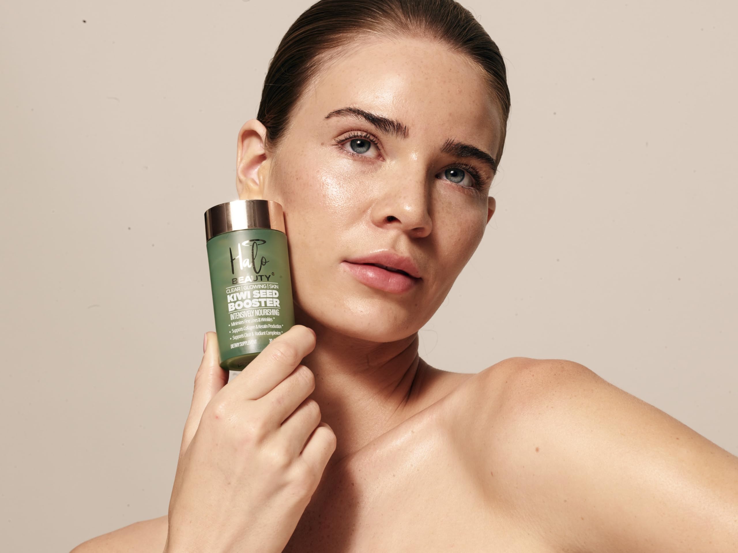 Halo Beauty Kiwi Seed Booster packaging close-up with sustainable design
