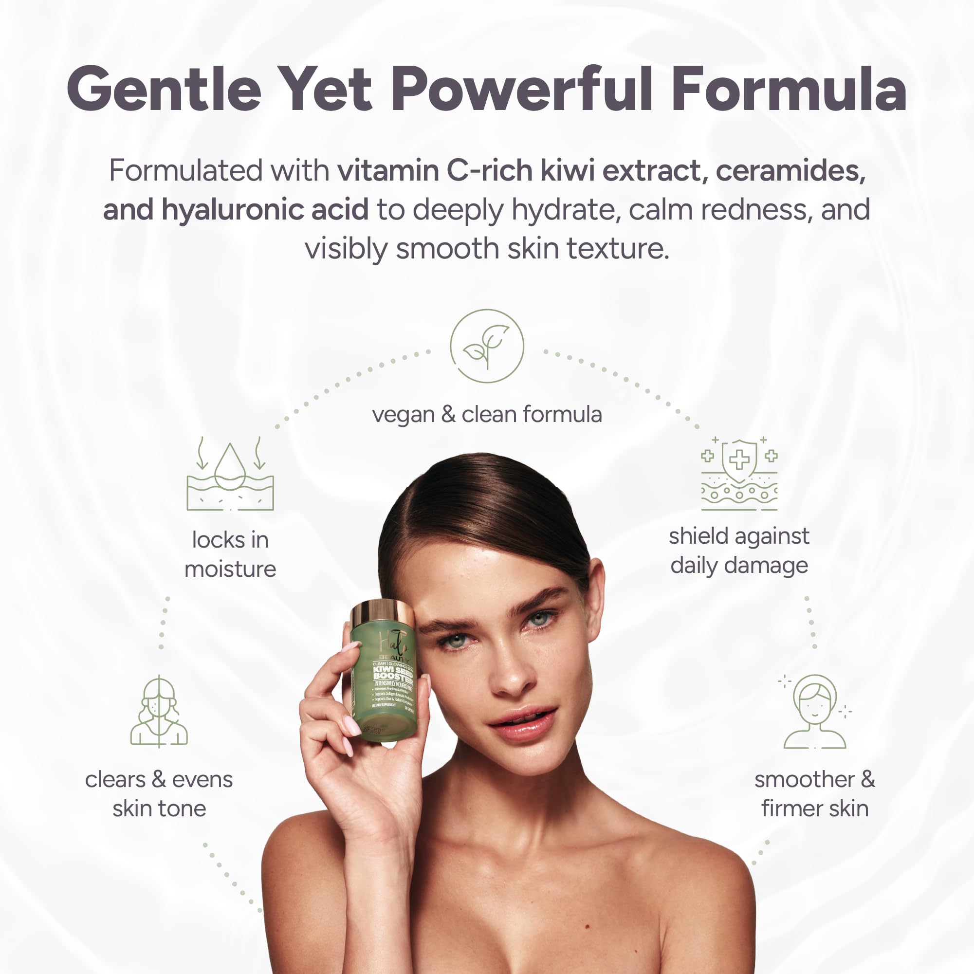 Halo Beauty Kiwi Seed Booster vegan capsules designed for clean daily use.