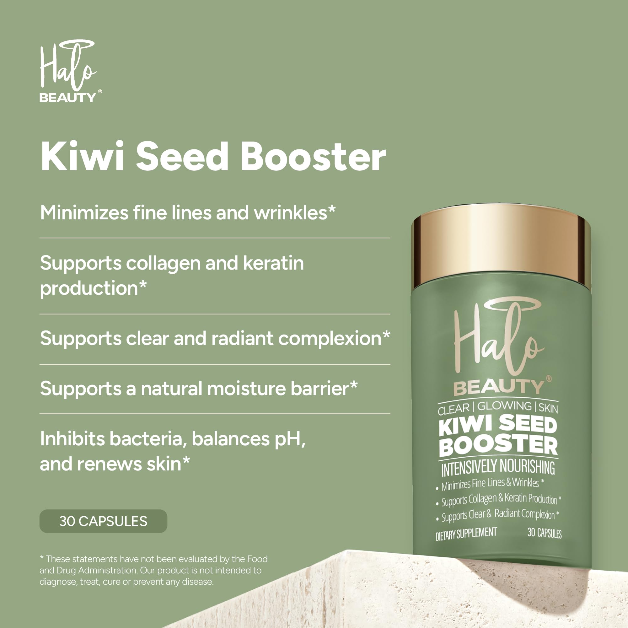 Halo Beauty Kiwi Seed Booster vitamins C, D3, zinc close-up for nourishing skin.