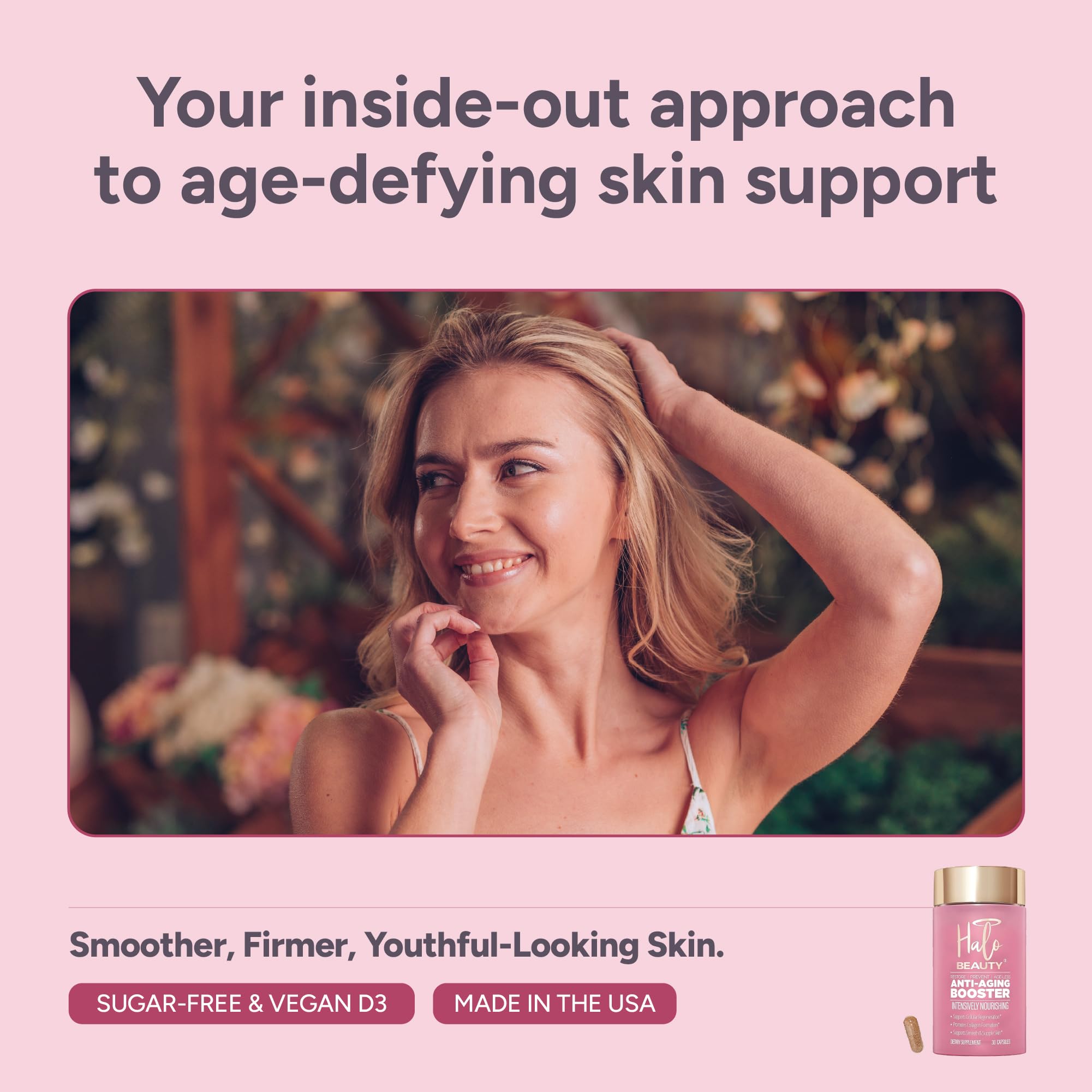 Halo Beauty NAD+ graphic highlighting cellular energy support for aging skin.