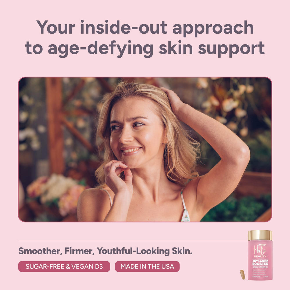 Halo Beauty NAD+ graphic highlighting cellular energy support for aging skin.