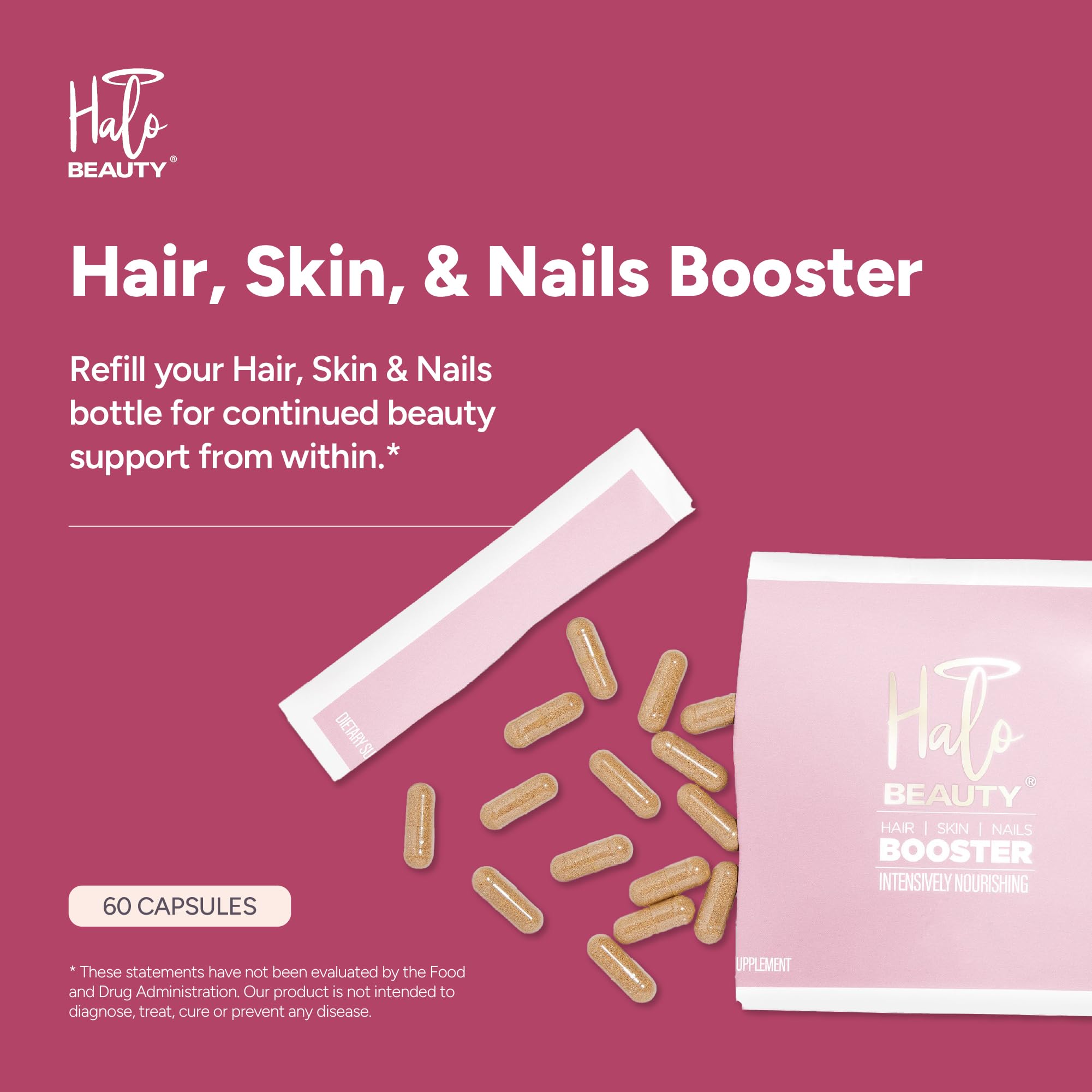 Halo Beauty refill pack bottle label, clear ingredients for trusted daily use