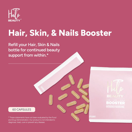 Halo Beauty refill pack bottle label, clear ingredients for trusted daily use