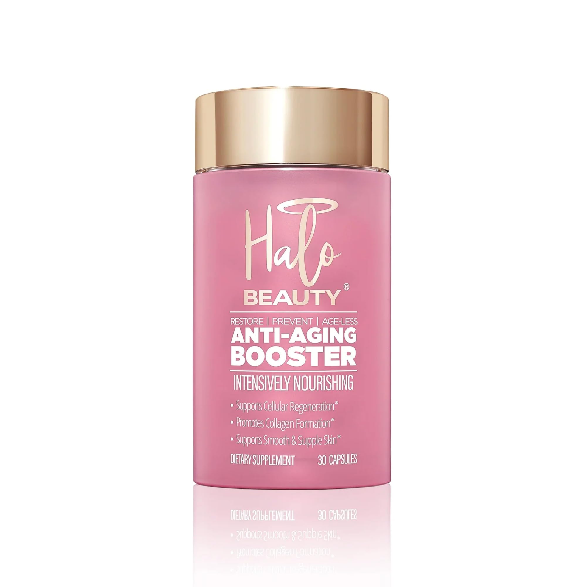 Halo Beauty Sakura bottle front promoting anti-aging support for radiant skin.
