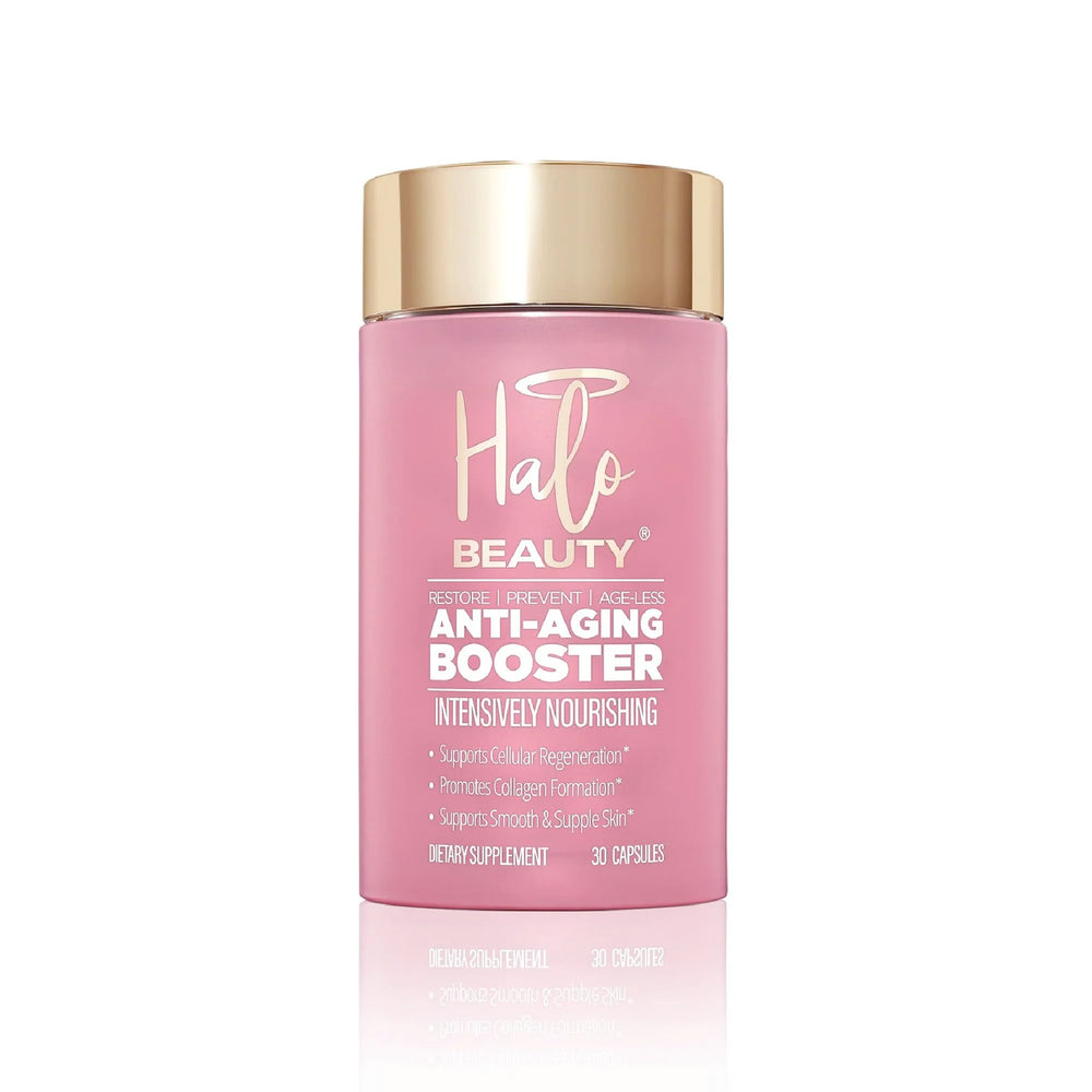 Halo Beauty Sakura bottle front promoting anti-aging support for radiant skin.