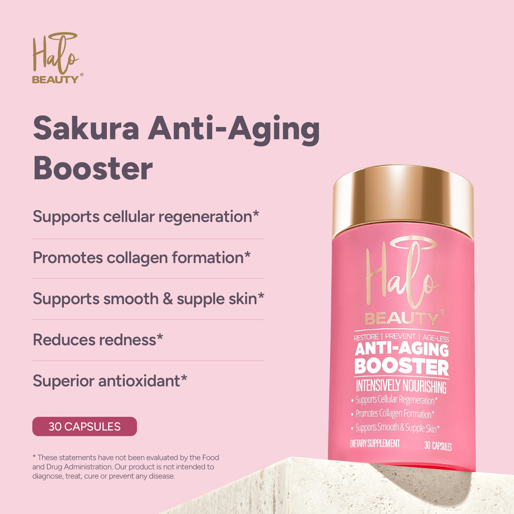 Halo Beauty Sakura capsules closeup showcasing vegan capsules for collagen support.