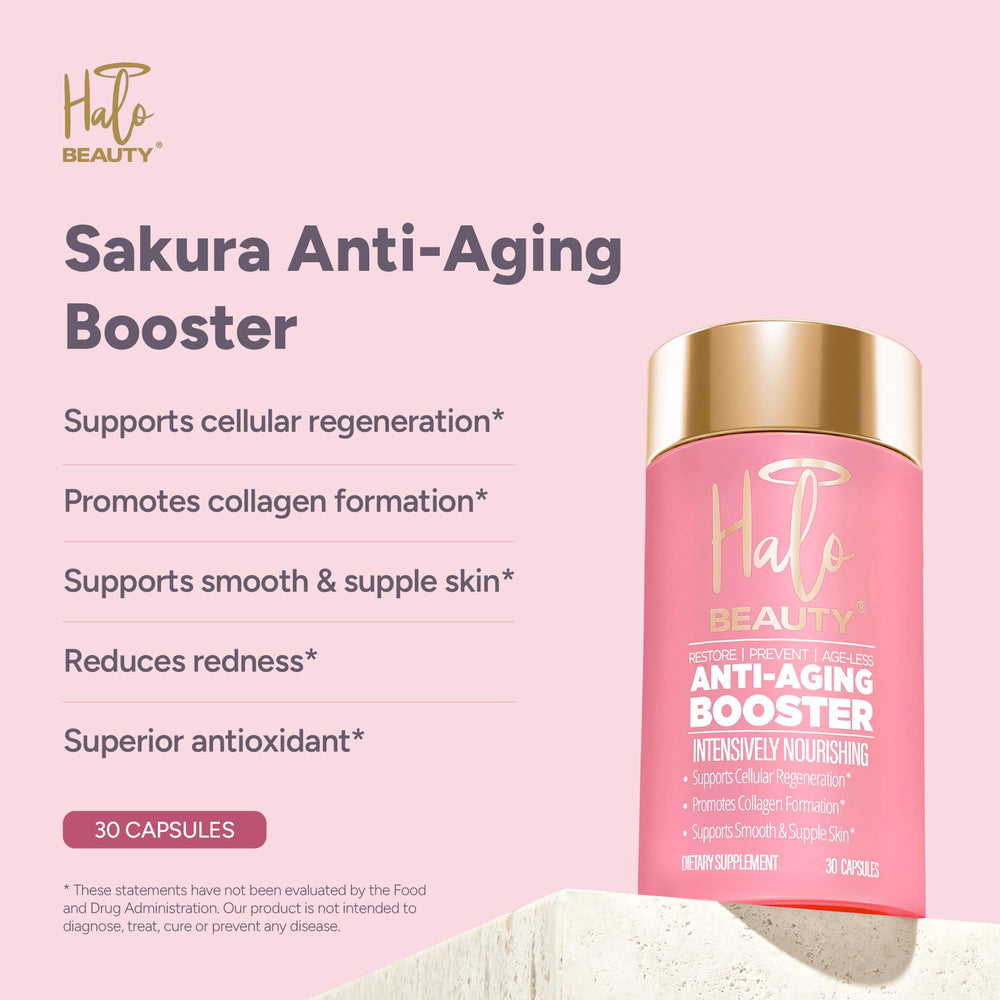 Halo Beauty Sakura capsules closeup showcasing vegan capsules for collagen support.