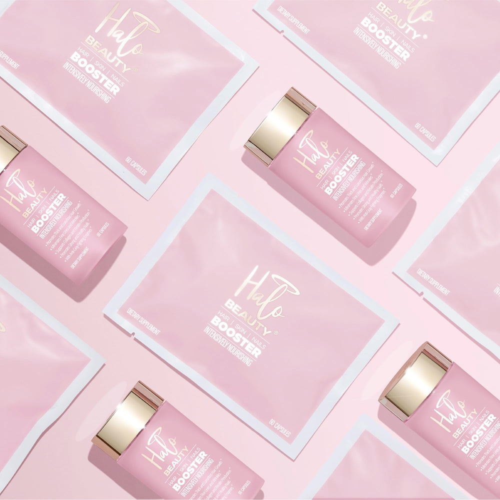 Halo Beauty vegan capsules in glass bottle for plant-based wellness