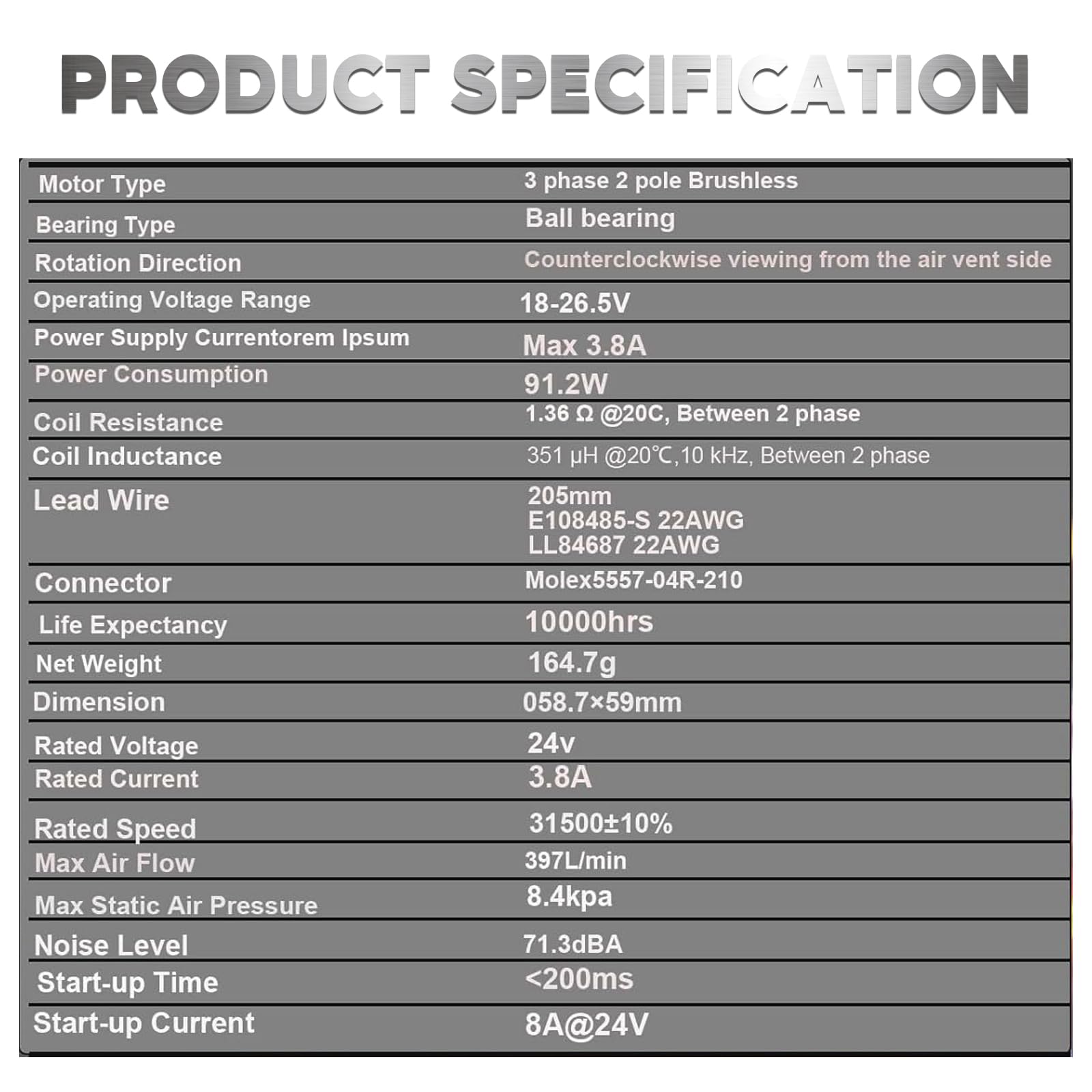 Hameisen CPAP motor specs label displaying voltage range and air flow capacity