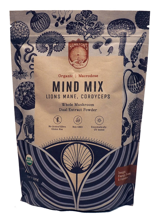 Hamilton's Mind Mix bottle front with organic mushroom blend for daily cognitive support.