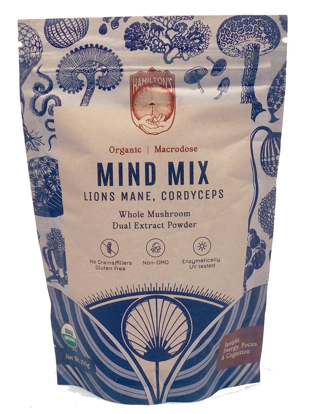 Hamilton's Mind Mix bottle front view highlighting lion’s mane and cordyceps for focus and vitality