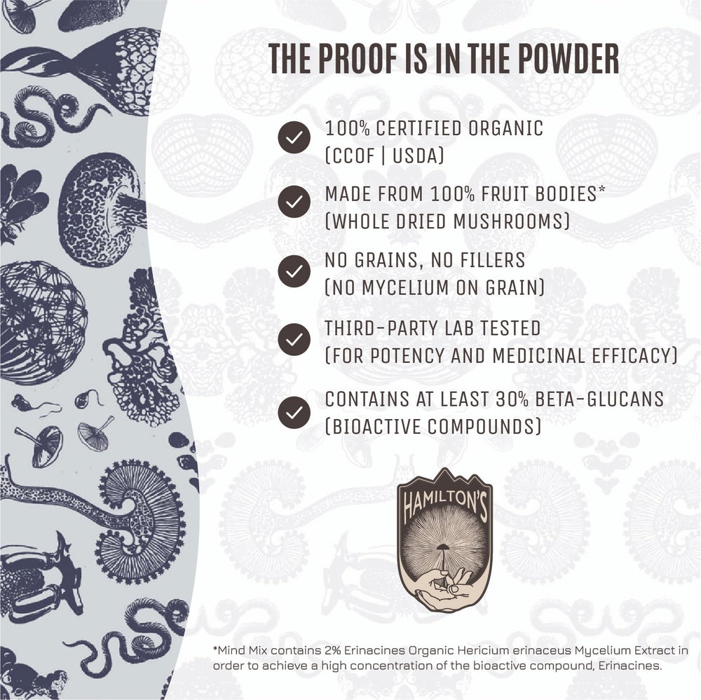 Hamilton's Mind Mix label highlights USDA Organic and vegan certifications.