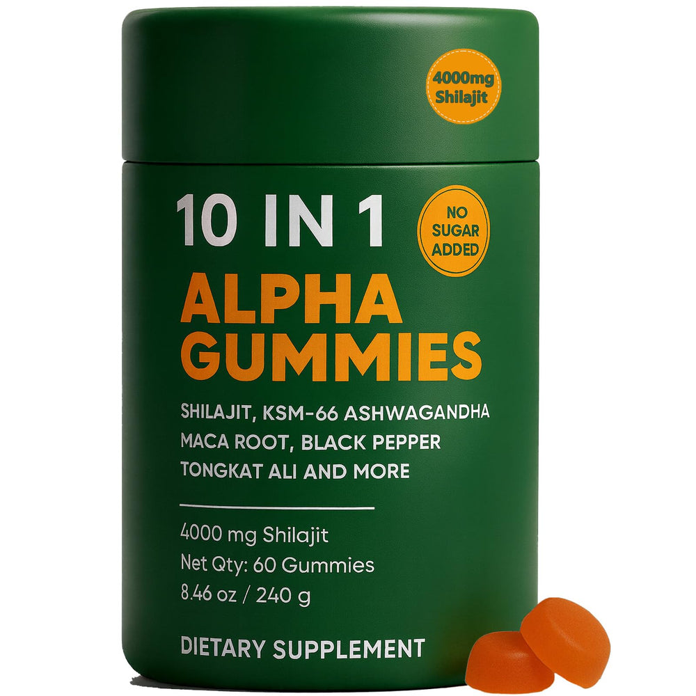 Hanachi 10-in-1 Alpha Shilajit Gummies bottle showing a potent energy support formula