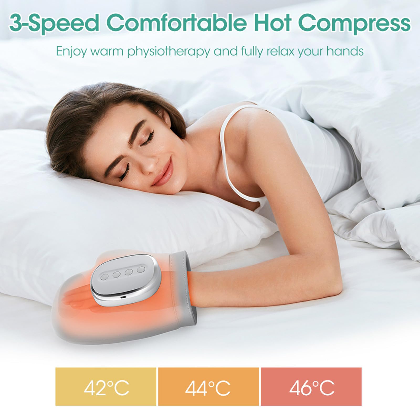 Hand Massager demonstrates compression action soothing fingers and joints.