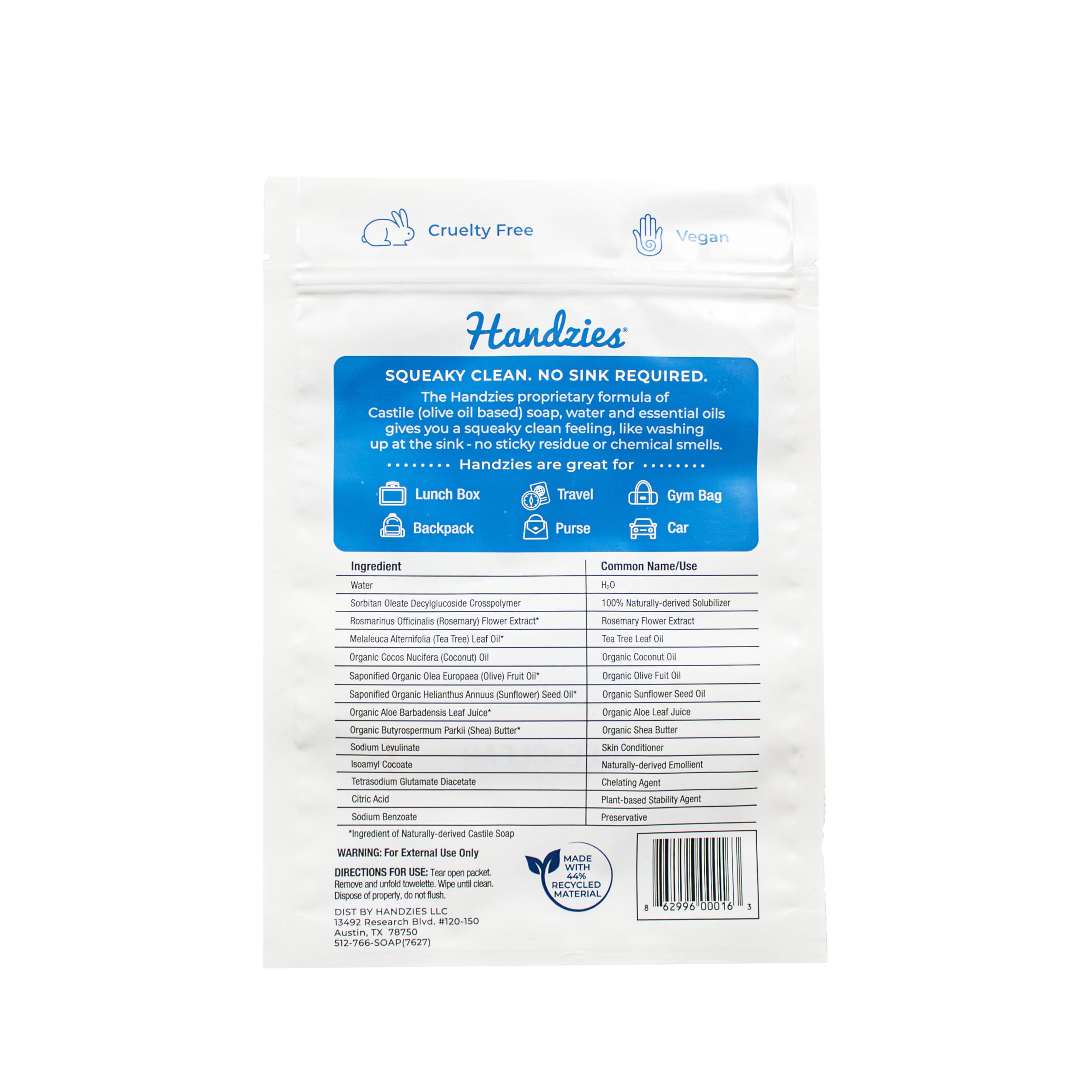 Handzies individually wrapped wipes offer convenient on-the-go cleansing.