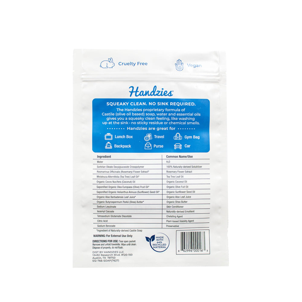 Handzies individually wrapped wipes offer convenient on-the-go cleansing.