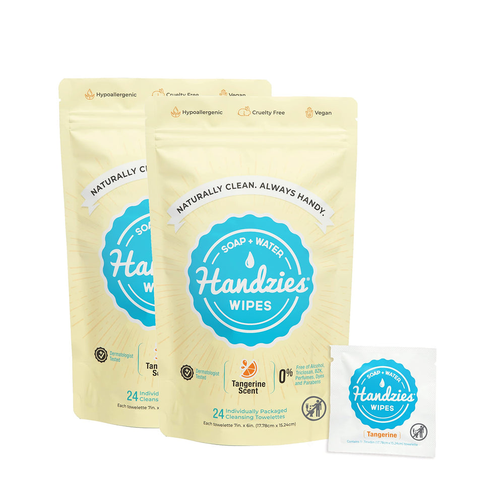 Handzies Tangerine single wipe pack with plant-based cleansing formula.