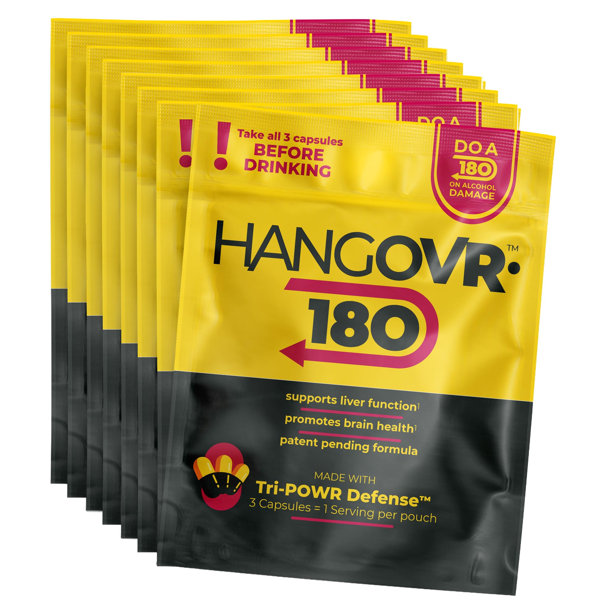 Hangovr-180 Tri-Power before drinking bottle pour showing pre-drink support for busy nights.