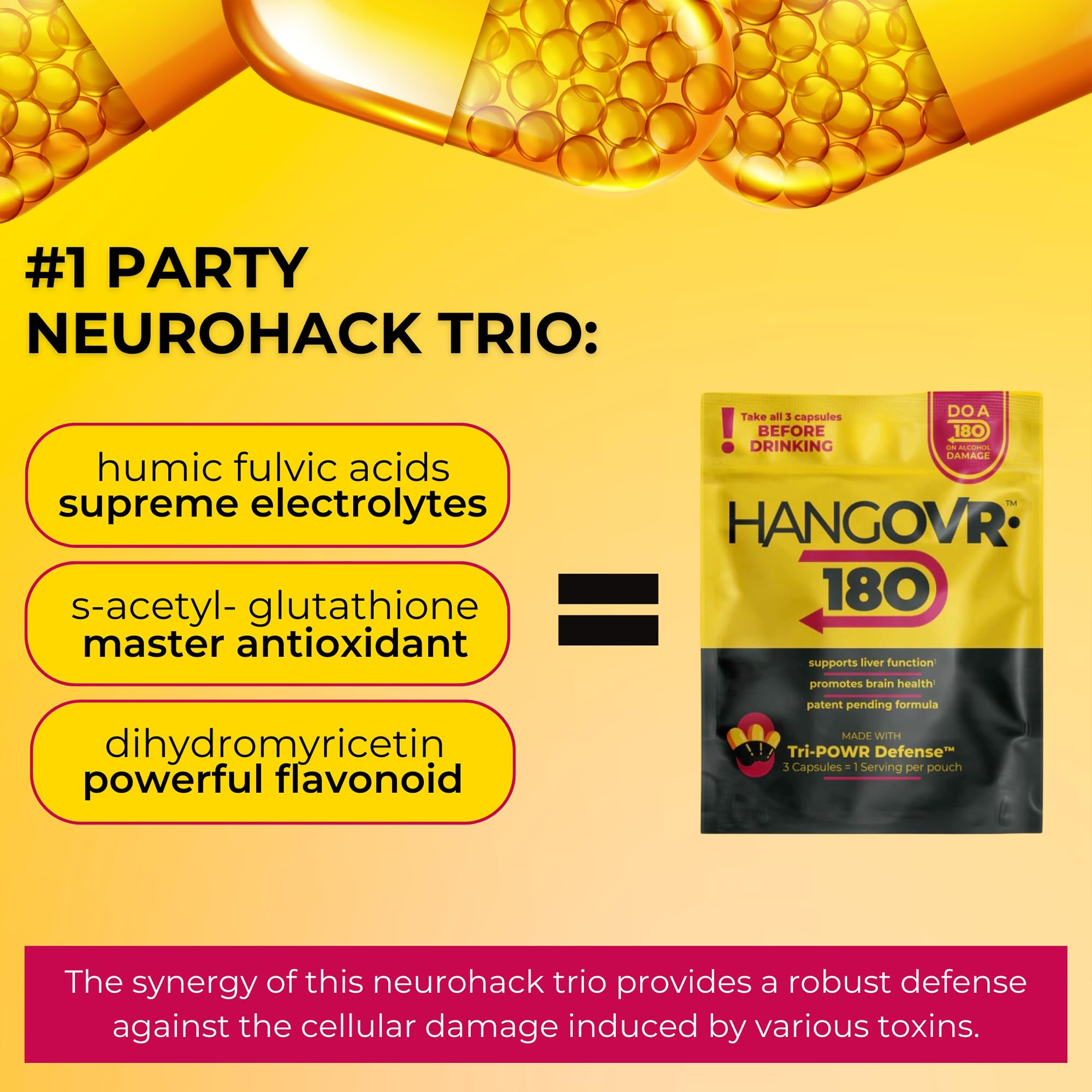 Hangovr-180 Tri-Power electrolyte blend visual suggesting hydration during celebrations.