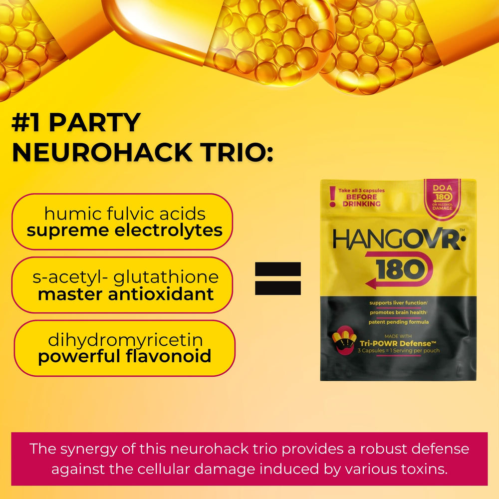 Hangovr-180 Tri-Power electrolyte blend visual suggesting hydration during celebrations.