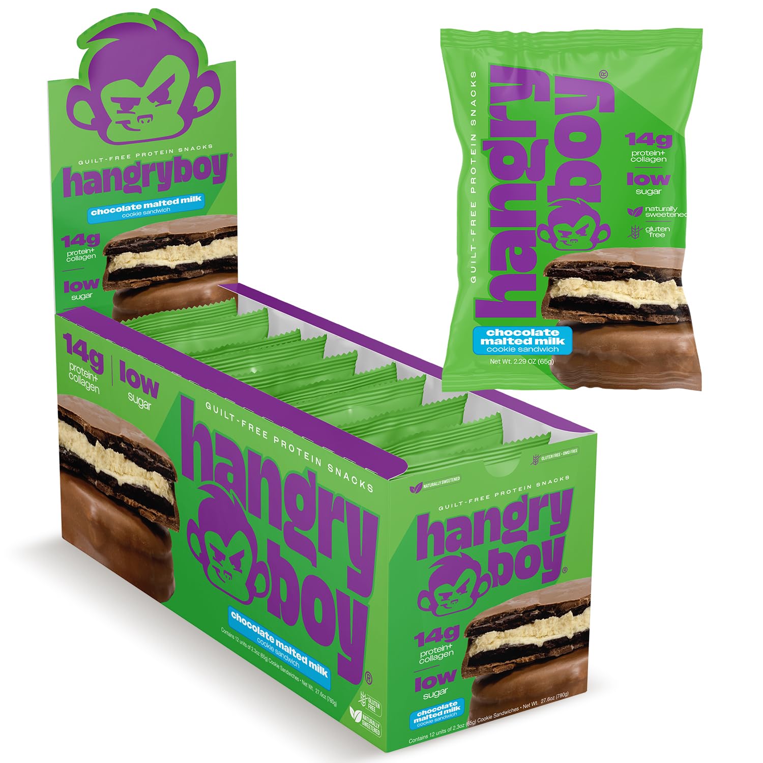Hangryboy Protein Cookie Sandwich packaging, convenient on-the-go snack.