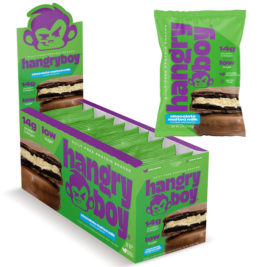 Hangryboy Protein Cookie Sandwich packaging, convenient on-the-go snack.