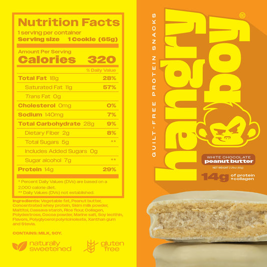 Hangryboy protein cookie sandwich packaging shown for convenient on the go snacking