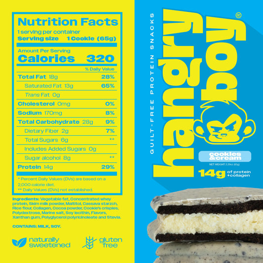 Hangryboy White Chocolate Peanut Butter cookie close-up with creamy filling and protein
