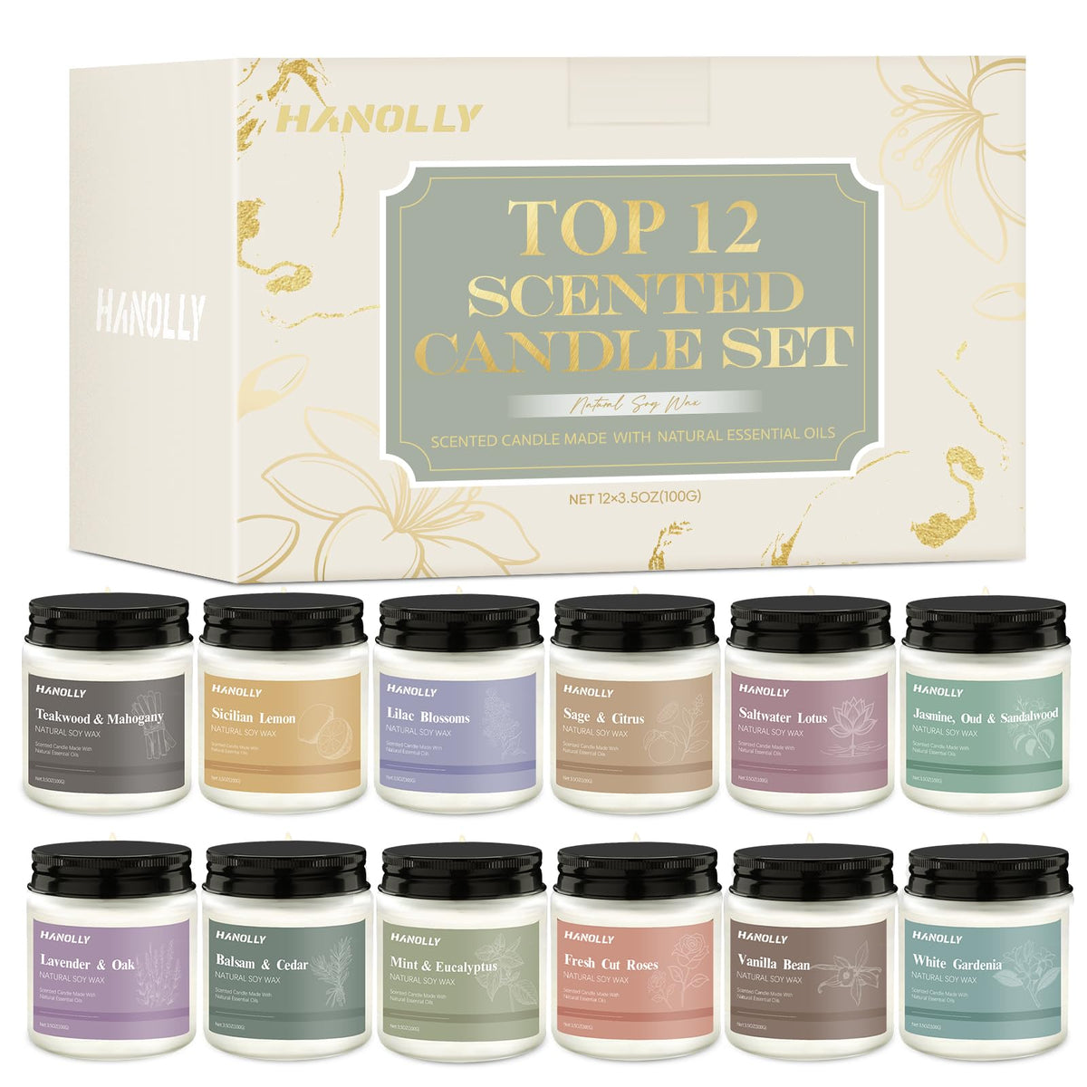 Hanolly 12-pack candles collection image, cozy home ambiance with long-lasting soy wax.