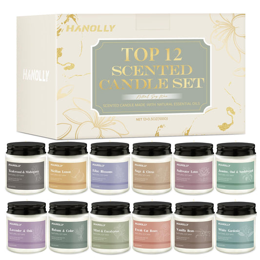Hanolly 12-pack candles collection image, cozy home ambiance with long-lasting soy wax.