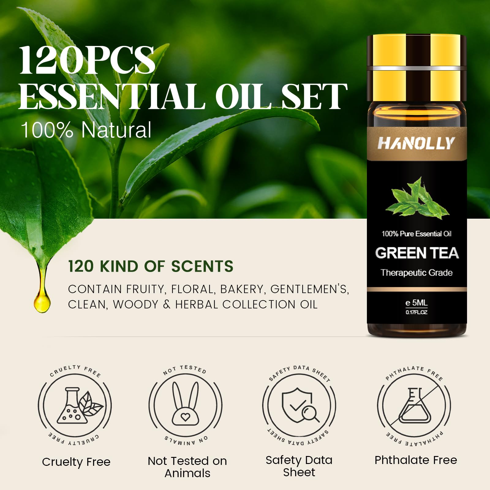 Hanolly essential oils set 120 bottles closeup highlights amber bottles