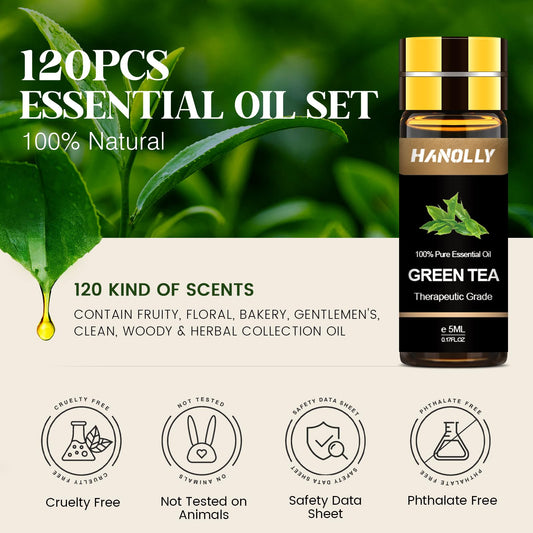 Hanolly essential oils set 120 bottles closeup highlights amber bottles