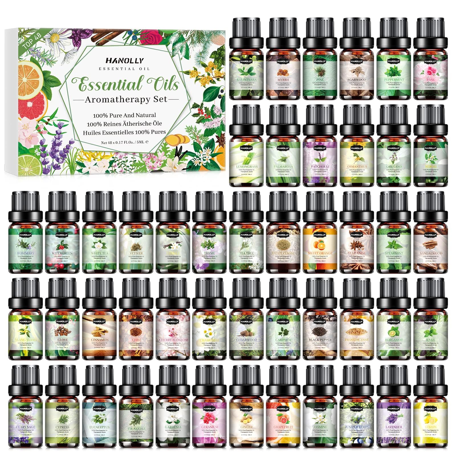 Hanolly essential oils set: 48 bottles lined up for versatile aromatherapy options.
