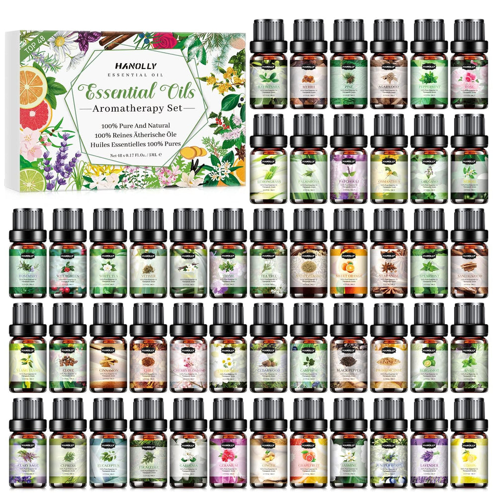 Hanolly essential oils set: 48 bottles lined up for versatile aromatherapy options.