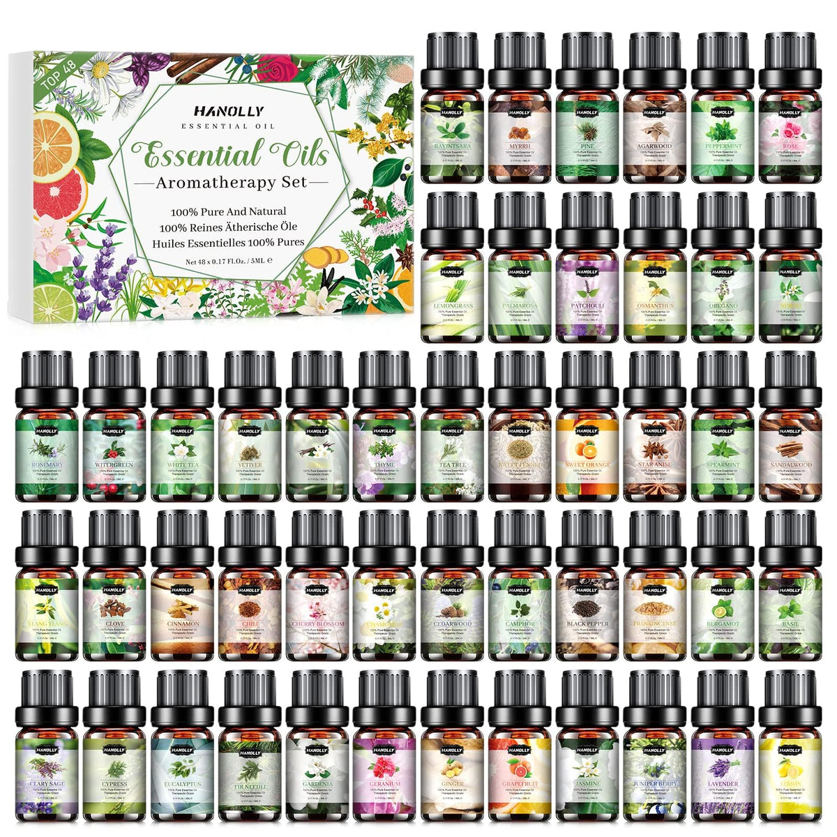 Hanolly essential oils set: 48 bottles lined up for versatile aromatherapy options.