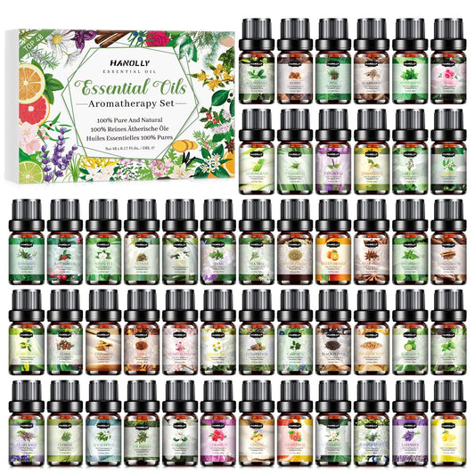 Hanolly essential oils set: 48 bottles lined up for versatile aromatherapy options.