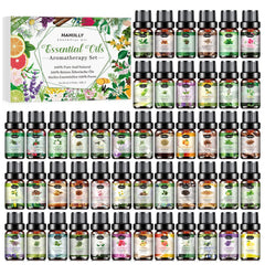 Hanolly essential oils set: 48 bottles lined up for versatile aromatherapy options.