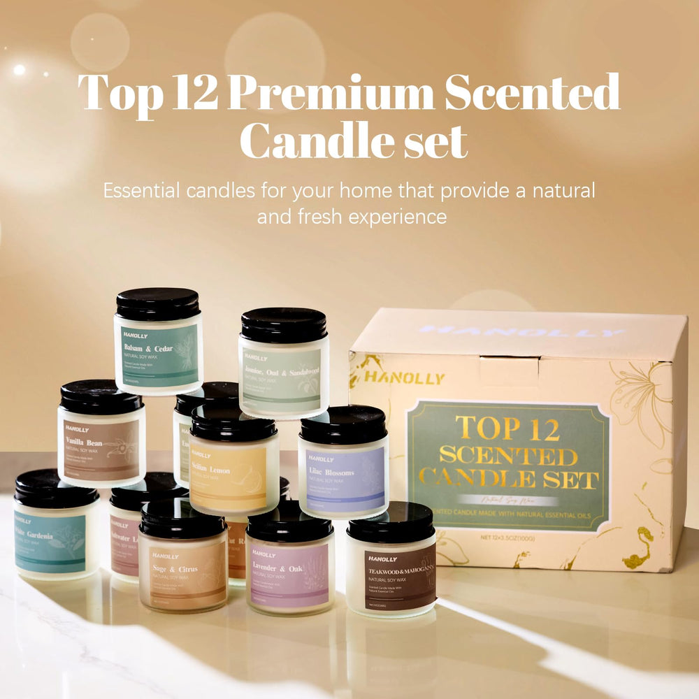 Hanolly 12-pack candles Jasmine Oud Sandalwood visual evokes exotic mood.