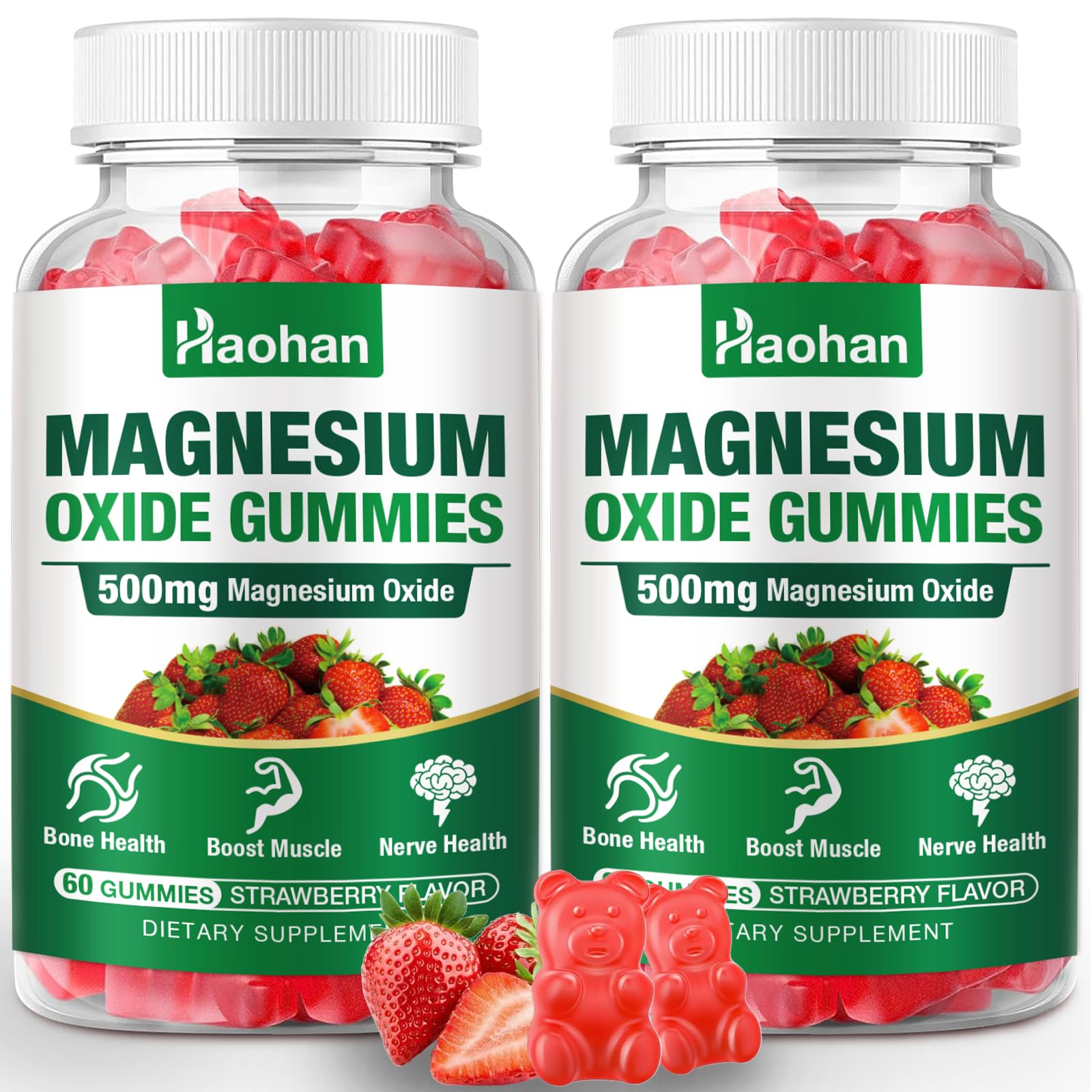 Haohan Magnesium Oxide Gummies bottle offers convenient strawberry chew for daily nerve and muscle support.
