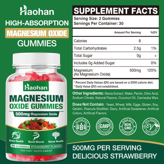 Haohan Magnesium Oxide Gummies strawberry close-up highlights soft texture and tasty flavor.
