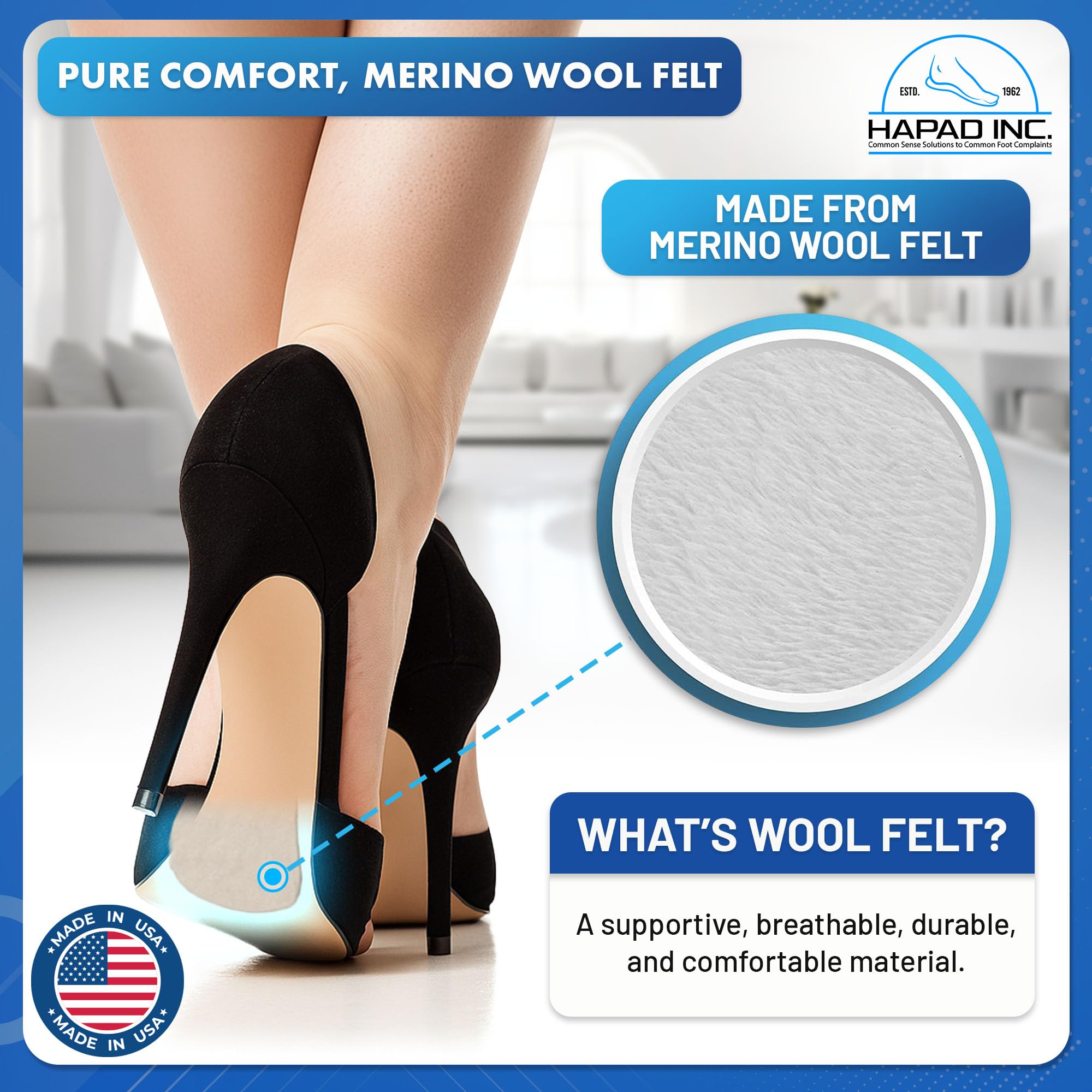 HAPAD metatarsal pad fits most shoes for versatile use.