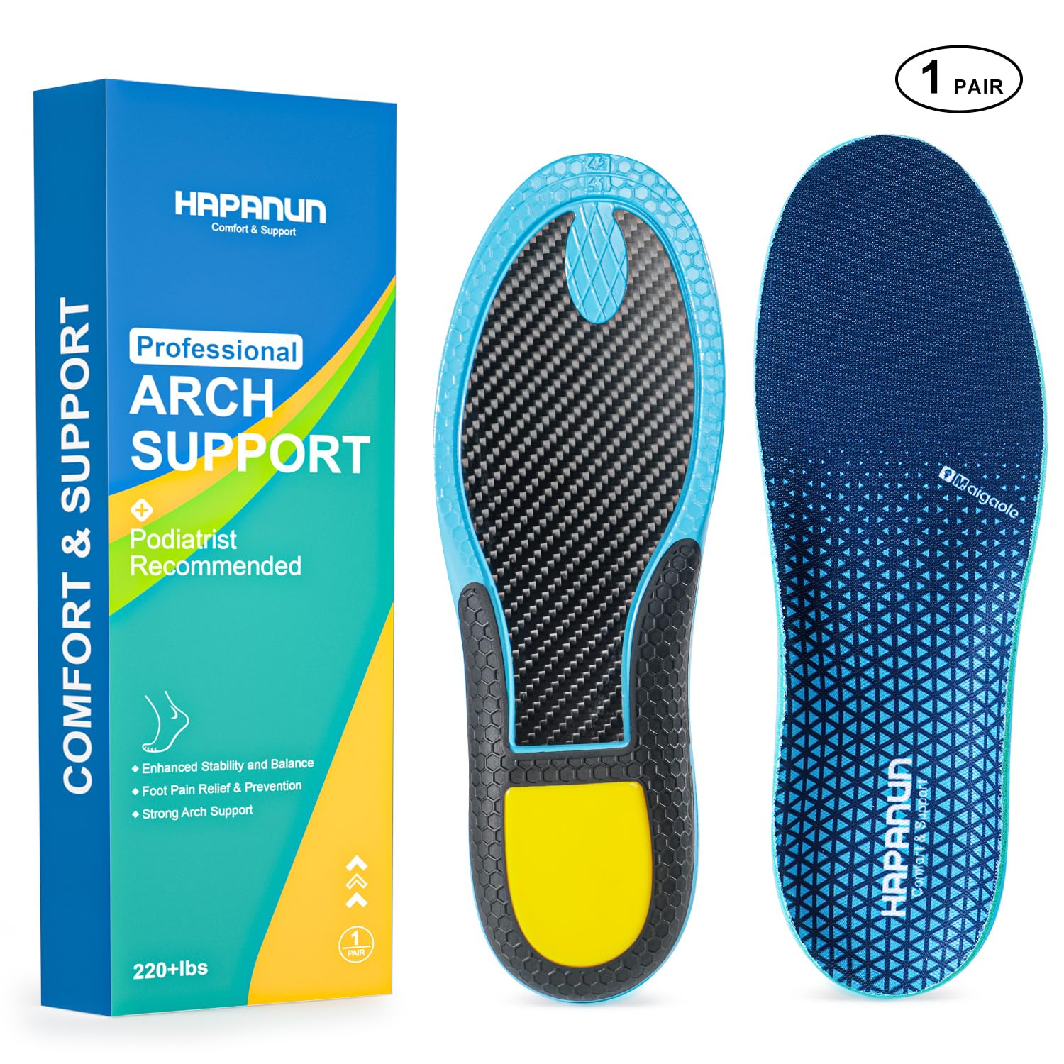 Hapanun packaging and product display showcases durable, ready-to-use insoles.