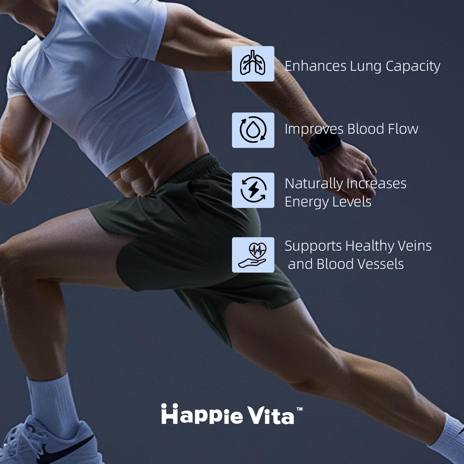 HappieVita booster with beet root and CoQ10 visuals signaling heart wellness support