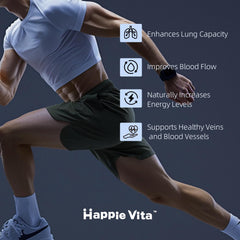 HappieVita booster with beet root and CoQ10 visuals signaling heart wellness support