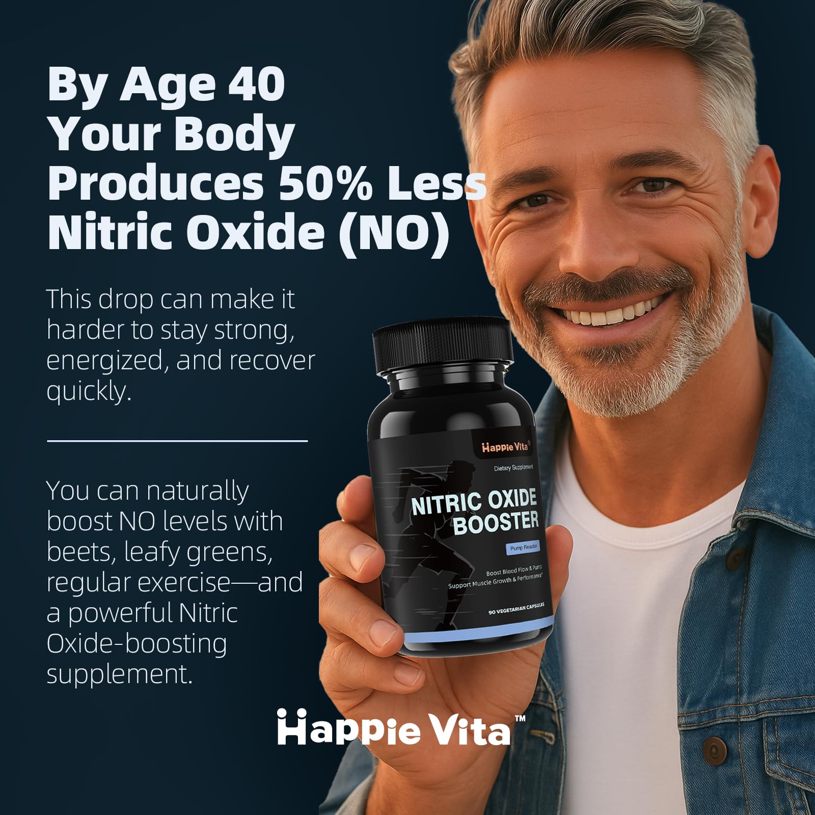 HappieVita booster ingredients panel highlighting L-Arginine and L-Citrulline for nitric oxide support