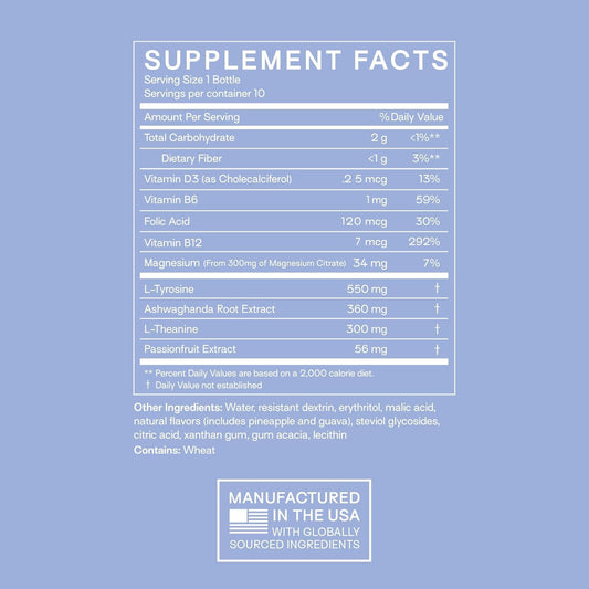 Happy Aging ashwagandha shot label highlighting adaptogenic support for calm daily feel