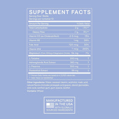 Happy Aging ashwagandha shot label highlighting adaptogenic support for calm daily feel