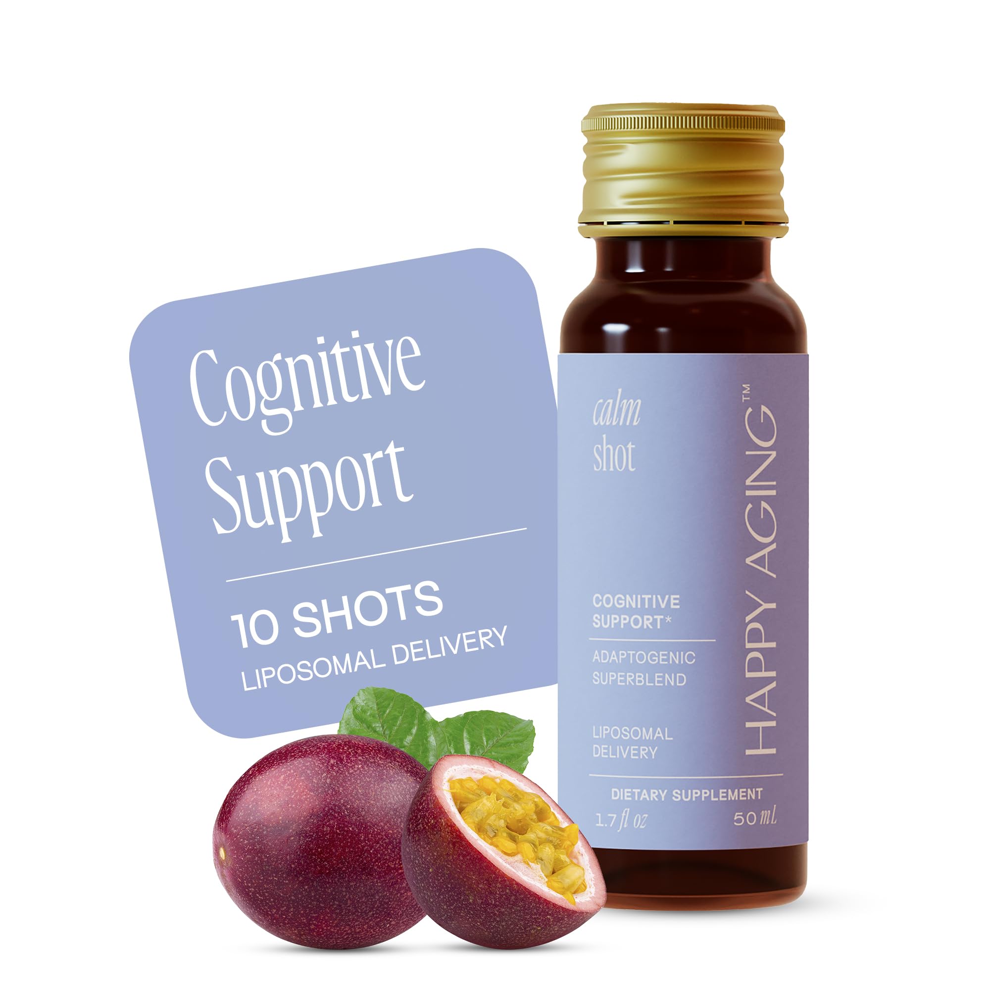 Happy Aging cortisol support shot bottle with label suggesting potential stress relief and balance