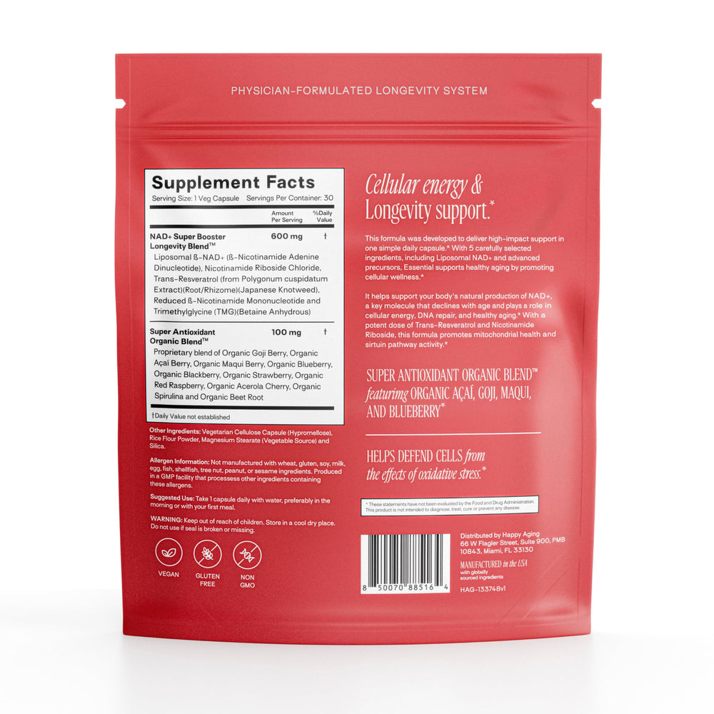 Happy Aging Essential Longevity capsules closeup highlighting NAD+ boosters for steady energy.