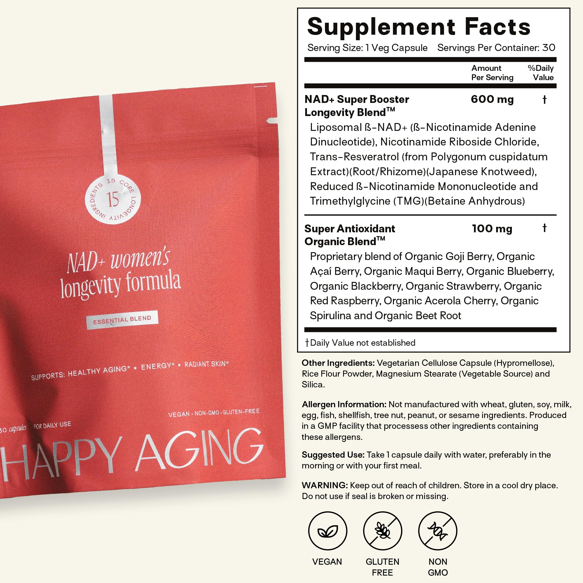 Happy Aging Essential Longevity bottle with glow-ready formula for daily vitality.